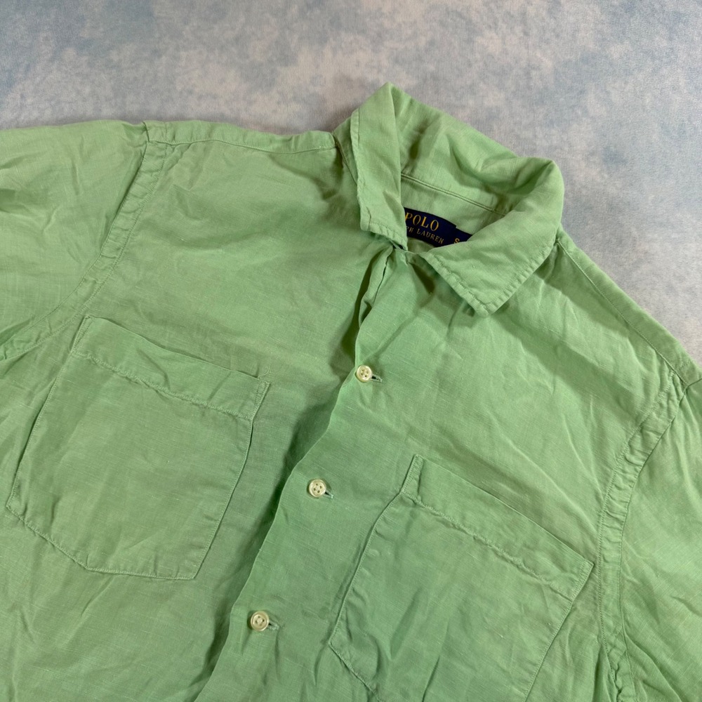 Polo Ralph Lauren Shirt Mens S Green Excellent Linen Silk Camp Collar Pony Logo